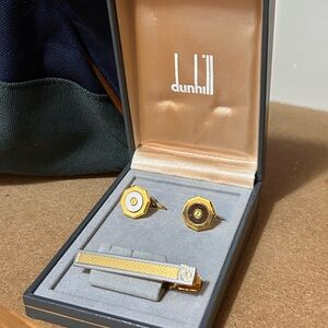 Vintage Alfred Dunhill Cufflinks & Tie Bar Set Gold Tone Silver Octagon Gift Box